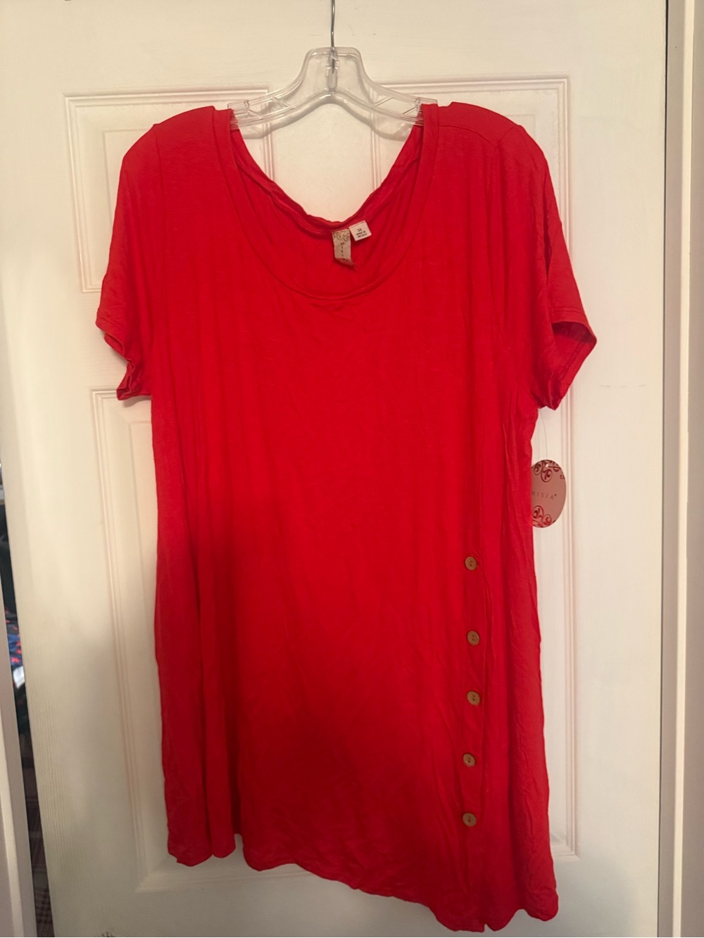 Misia Red Short-Sleeve Tunic with Side Button Detail